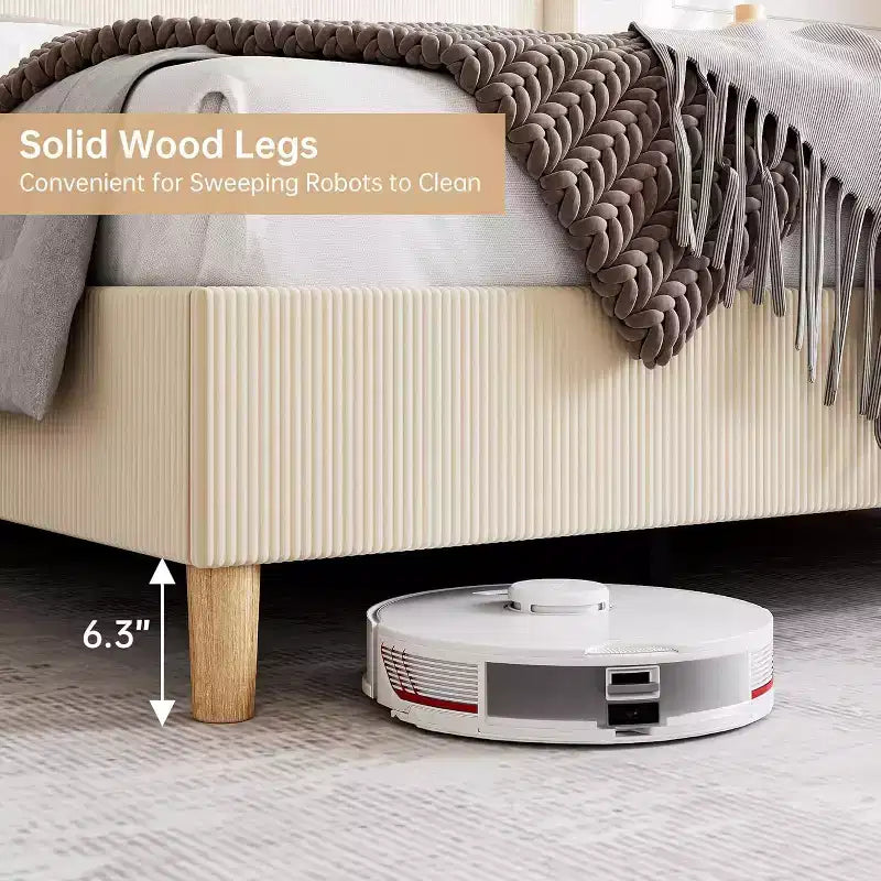 Estructura de cama, Estructura de cama tapizada de plataforma de pana con cabecero alado con diseño de canal vertical, Listones de madera resistentes, No necesita somier