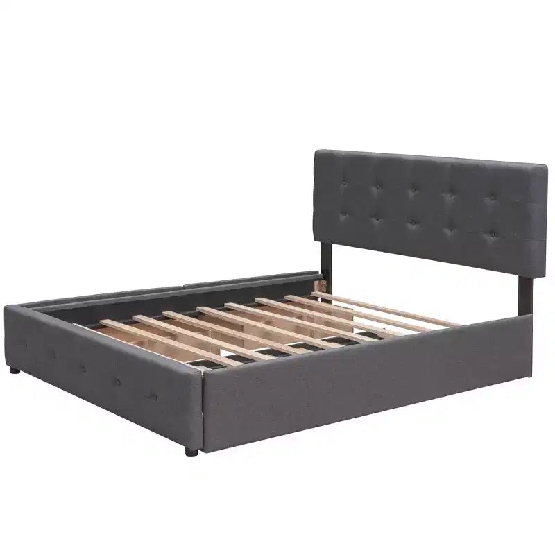 Cama de Plataforma Tapizada con 2 Cajones y 1 Cama Nido Doble XL Tejido de Lino Tamaño Queen - Gris Oscuro