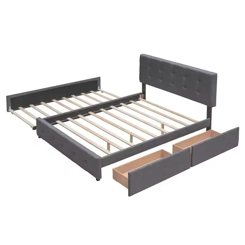 Cama de Plataforma Tapizada con 2 Cajones y 1 Cama Nido Doble XL Tejido de Lino Tamaño Queen - Gris Oscuro