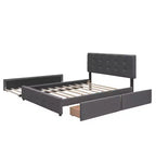 Cama de Plataforma Tapizada con 2 Cajones y 1 Cama Nido Doble XL Tejido de Lino Tamaño Queen - Gris Oscuro