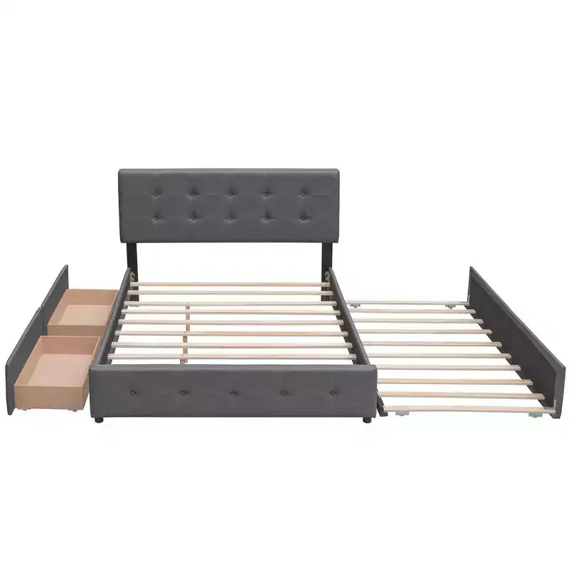 Cama de Plataforma Tapizada con 2 Cajones y 1 Cama Nido Doble XL Tejido de Lino Tamaño Queen - Gris Oscuro