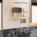 Estante organizador de tintes para el cabello, soporte de pared de metal de 2 niveles para exhibición de salones, para tubos de tinte para el cabello, plateado