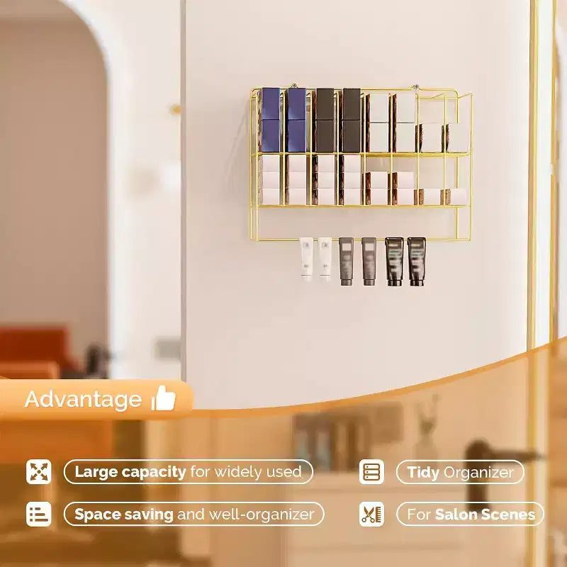 Estante organizador de tintes para el cabello, soporte de pared de metal de 2 niveles para exhibición de salones, para tubos de tinte para el cabello, plateado