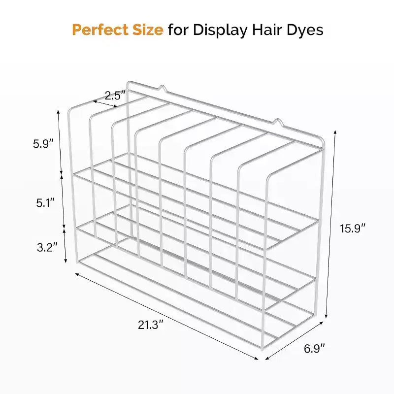 Estante organizador de tintes para el cabello, soporte de pared de metal de 2 niveles para exhibición de salones, para tubos de tinte para el cabello, plateado