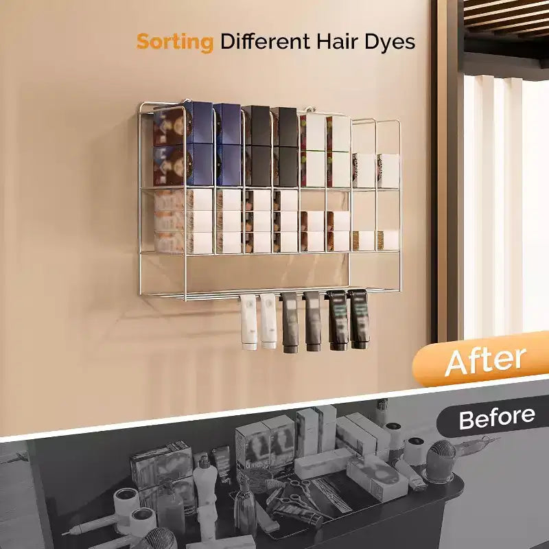 Estante organizador de tintes para el cabello, soporte de pared de metal de 2 niveles para exhibición de salones, para tubos de tinte para el cabello, plateado