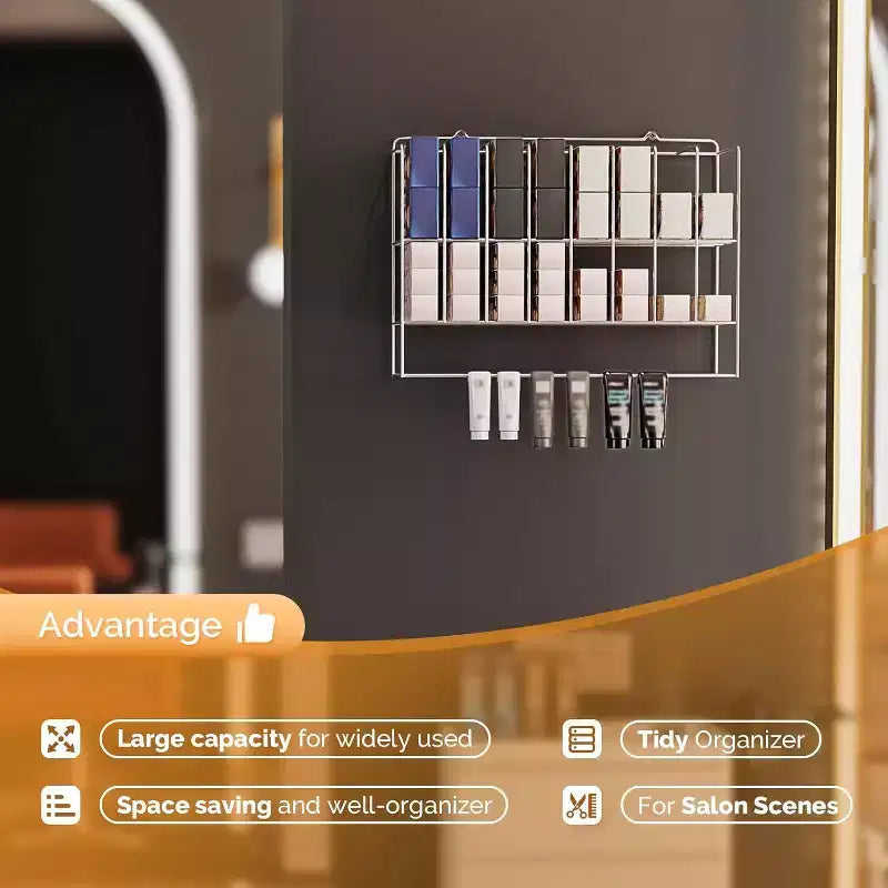 Estante organizador de tintes para el cabello, soporte de pared de metal de 2 niveles para exhibición de salones, para tubos de tinte para el cabello, plateado
