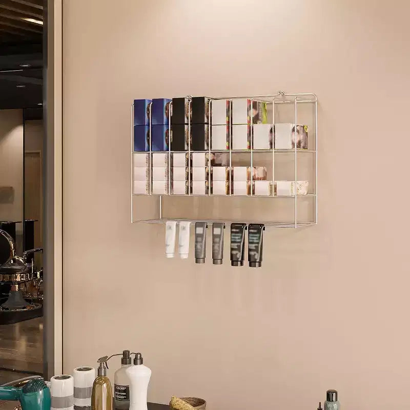 Estante organizador de tintes para el cabello, soporte de pared de metal de 2 niveles para exhibición de salones, para tubos de tinte para el cabello, plateado