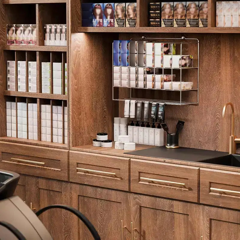 Estante organizador de tintes para el cabello, soporte de pared de metal de 2 niveles para exhibición de salones, para tubos de tinte para el cabello, plateado