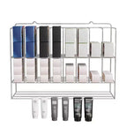 Estante organizador de tintes para el cabello, soporte de pared de metal de 2 niveles para exhibición de salones, para tubos de tinte para el cabello, plateado