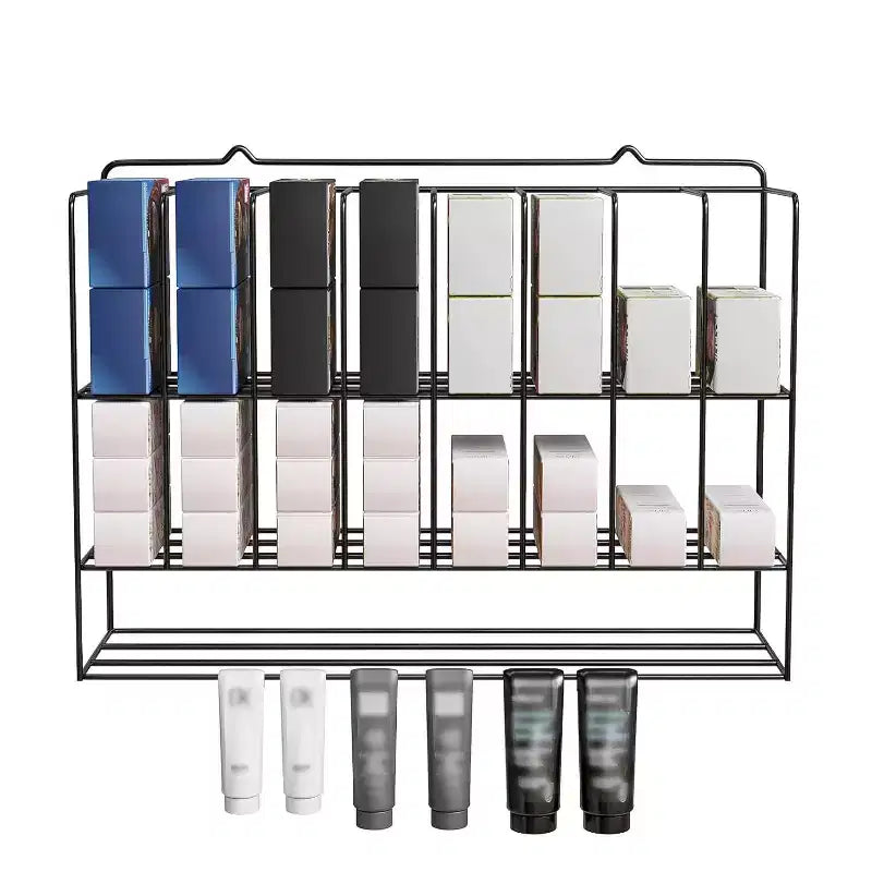 Estante organizador de tintes para el cabello, soporte de pared de metal de 2 niveles para exhibición de salones, para tubos de tinte para el cabello, plateado