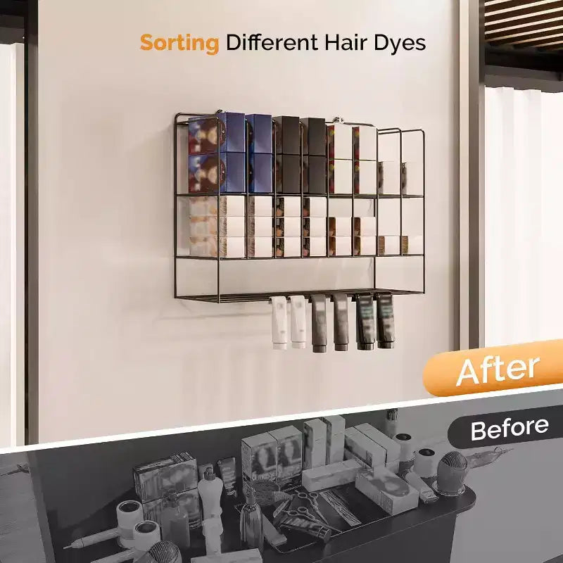 Estante organizador de tintes para el cabello, soporte de pared de metal de 2 niveles para exhibición de salones, para tubos de tinte para el cabello, plateado