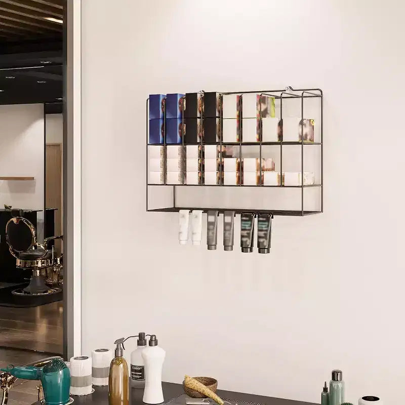 Estante organizador de tintes para el cabello, soporte de pared de metal de 2 niveles para exhibición de salones, para tubos de tinte para el cabello, plateado