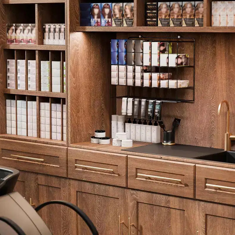 Estante organizador de tintes para el cabello, soporte de pared de metal de 2 niveles para exhibición de salones, para tubos de tinte para el cabello, plateado