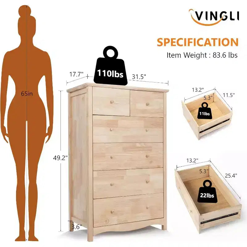 Cómoda VINGLI de 6 cajones de madera maciza natural sin acabar para dormitorio, Cómodas y arcones de granja DIY de madera de caucho en color, Cómoda alta