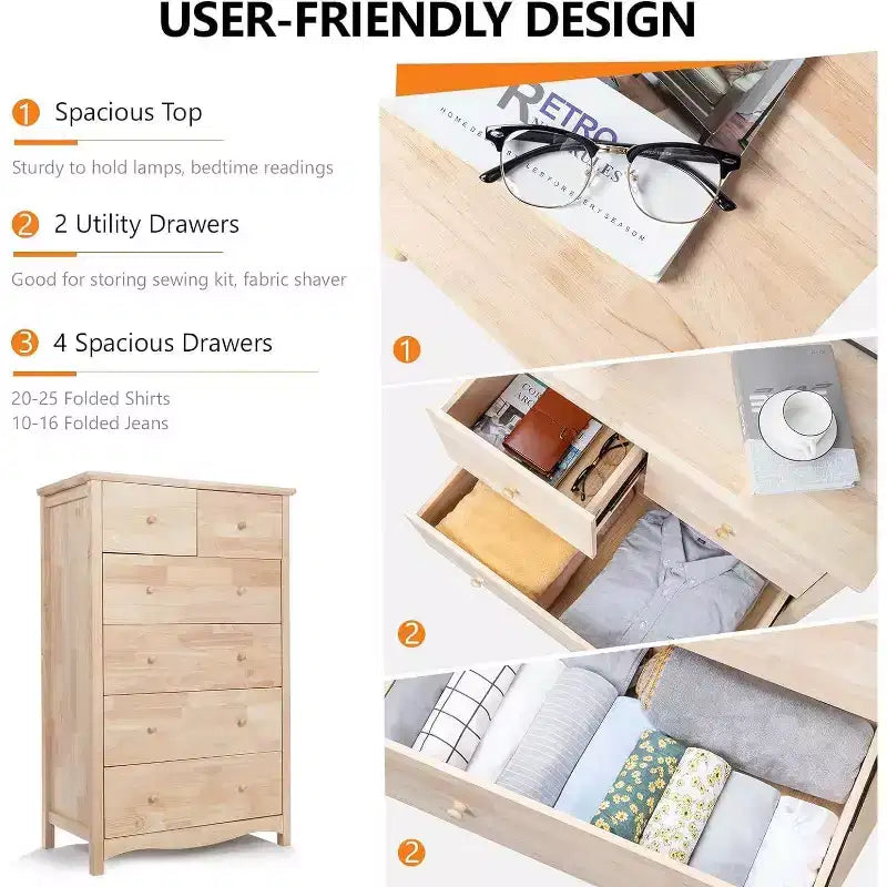 Cómoda VINGLI de 6 cajones de madera maciza natural sin acabar para dormitorio, Cómodas y arcones de granja DIY de madera de caucho en color, Cómoda alta