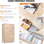 Cómoda VINGLI de 6 cajones de madera maciza natural sin acabar para dormitorio, Cómodas y arcones de granja DIY de madera de caucho en color, Cómoda alta