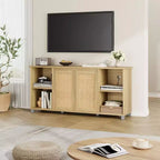Mueble de TV Boho GustoWave para televisores de hasta 70 pulgadas, consola multimedia con puertas de ratán y estantes abiertos para sala de estar, natural