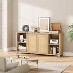 Mueble de TV Boho GustoWave para televisores de hasta 70 pulgadas, consola multimedia con puertas de ratán y estantes abiertos para sala de estar, natural