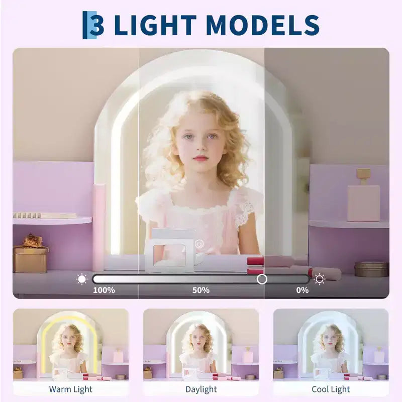 Tocador de maquillaje para niñas con espejo iluminado y taburete, tocador para niñas pequeñas con estantería, cajón de almacenamiento