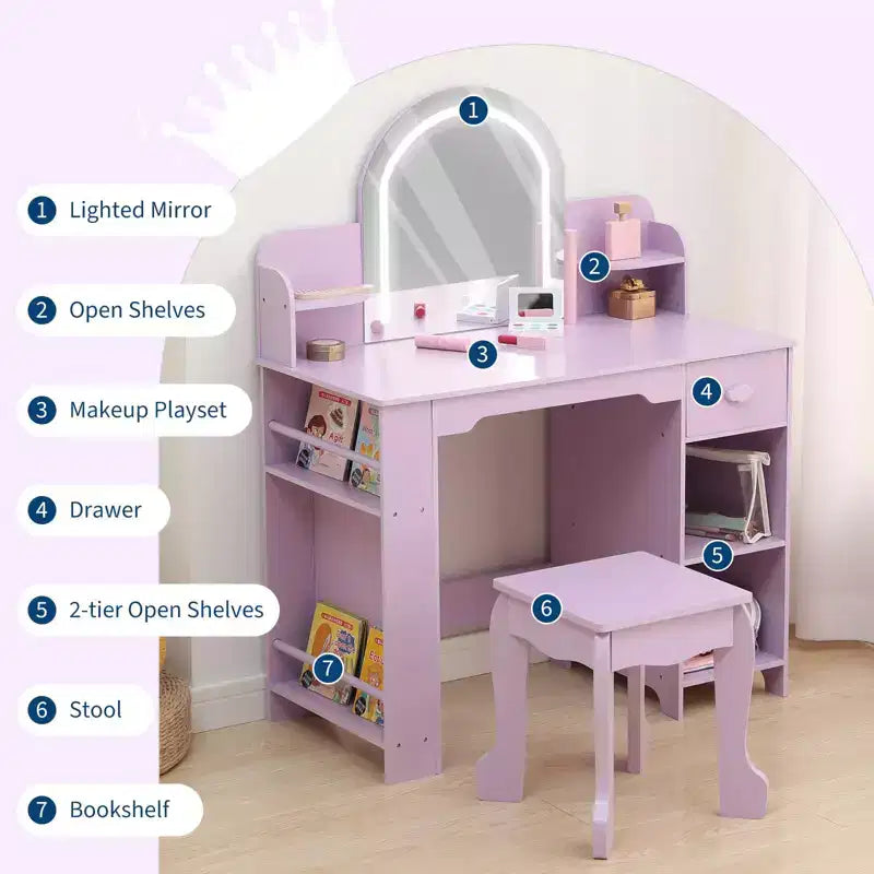 Tocador de maquillaje para niñas con espejo iluminado y taburete, tocador para niñas pequeñas con estantería, cajón de almacenamiento