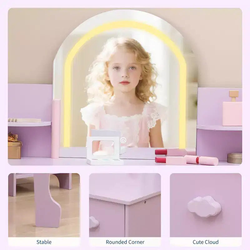 Tocador de maquillaje para niñas con espejo iluminado y taburete, tocador para niñas pequeñas con estantería, cajón de almacenamiento