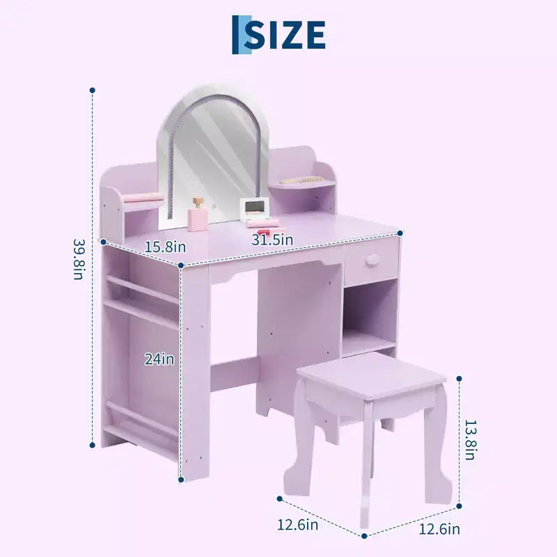 Tocador de maquillaje para niñas con espejo iluminado y taburete, tocador para niñas pequeñas con estantería, cajón de almacenamiento