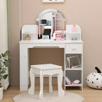 Tocador de maquillaje para niñas con espejo iluminado y taburete, tocador para niñas pequeñas con estantería, cajón de almacenamiento