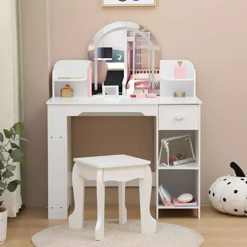 Tocador de maquillaje para niñas con espejo iluminado y taburete, tocador para niñas pequeñas con estantería, cajón de almacenamiento
