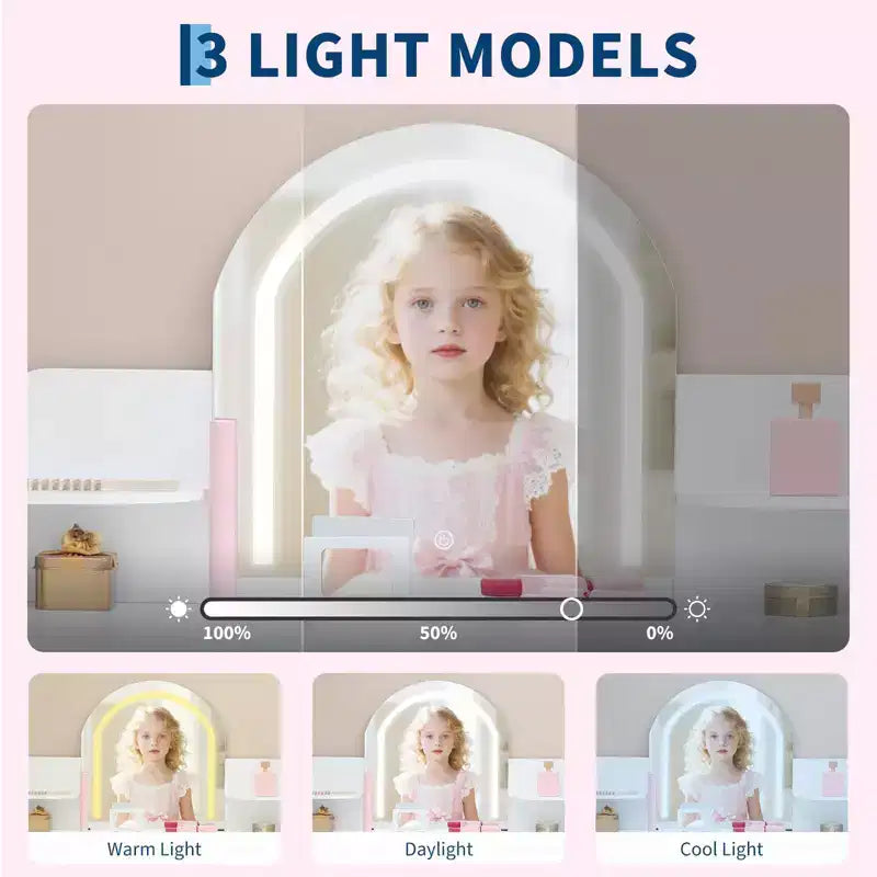 Tocador de maquillaje para niñas con espejo iluminado y taburete, tocador para niñas pequeñas con estantería, cajón de almacenamiento