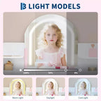 Tocador de maquillaje para niñas con espejo iluminado y taburete, tocador para niñas pequeñas con estantería, cajón de almacenamiento