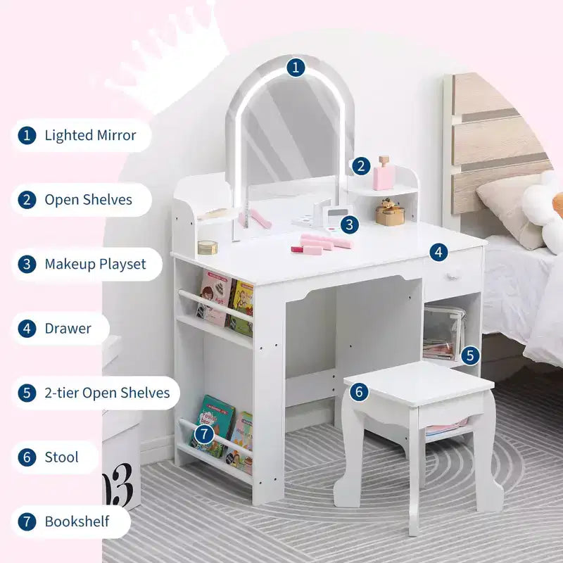 Tocador de maquillaje para niñas con espejo iluminado y taburete, tocador para niñas pequeñas con estantería, cajón de almacenamiento
