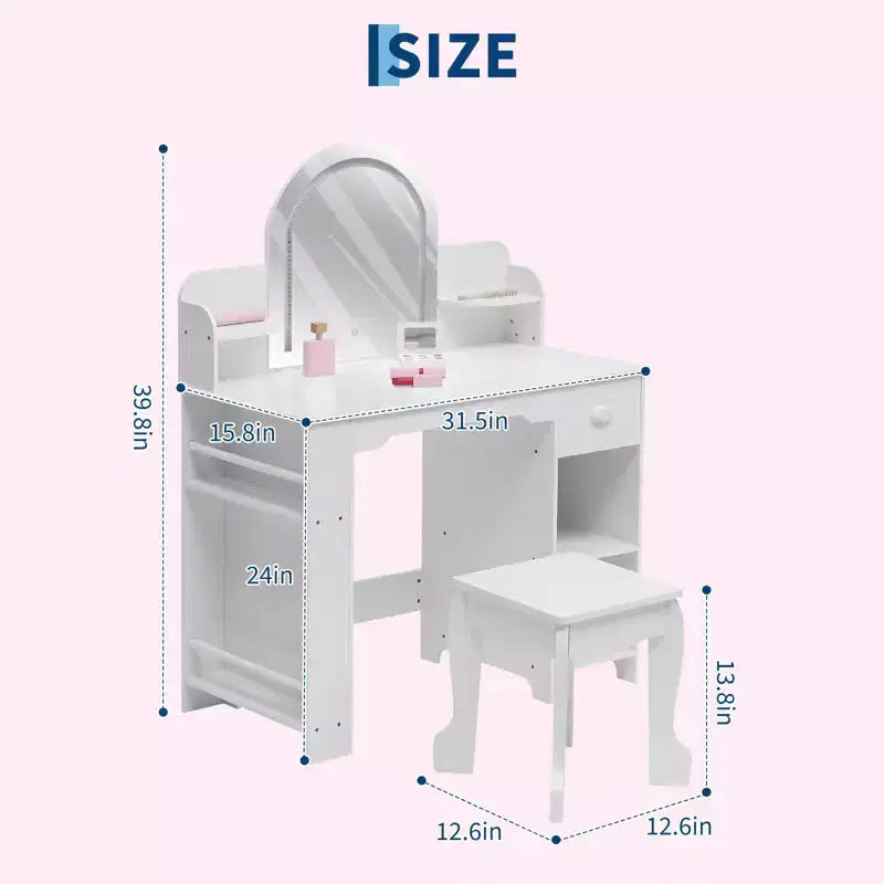 Tocador de maquillaje para niñas con espejo iluminado y taburete, tocador para niñas pequeñas con estantería, cajón de almacenamiento