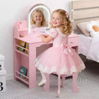 Tocador de maquillaje para niñas con espejo iluminado y taburete, tocador para niñas pequeñas con estantería, cajón de almacenamiento