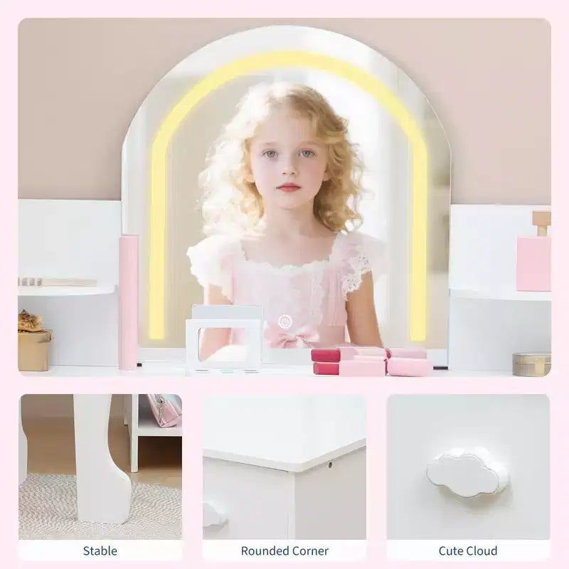 Tocador de maquillaje para niñas con espejo iluminado y taburete, tocador para niñas pequeñas con estantería, cajón de almacenamiento