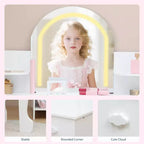 Tocador de maquillaje para niñas con espejo iluminado y taburete, tocador para niñas pequeñas con estantería, cajón de almacenamiento