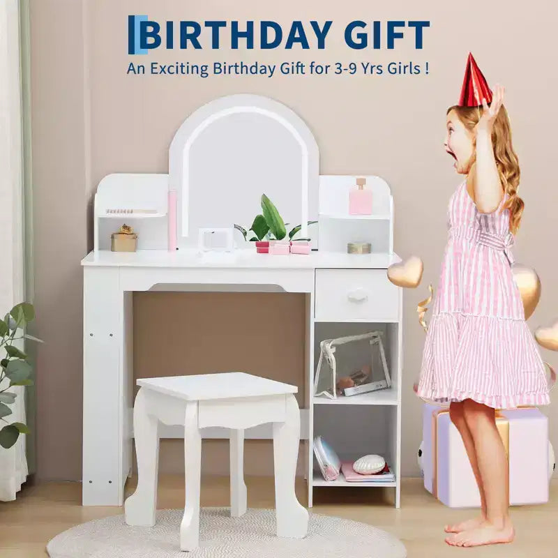 Tocador de maquillaje para niñas con espejo iluminado y taburete, tocador para niñas pequeñas con estantería, cajón de almacenamiento