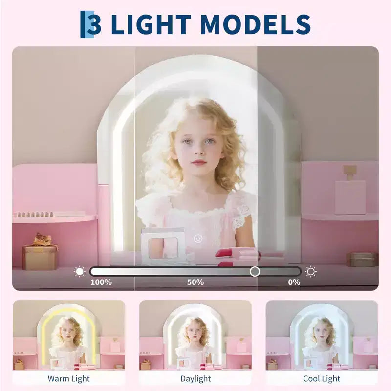 Tocador de maquillaje para niñas con espejo iluminado y taburete, tocador para niñas pequeñas con estantería, cajón de almacenamiento