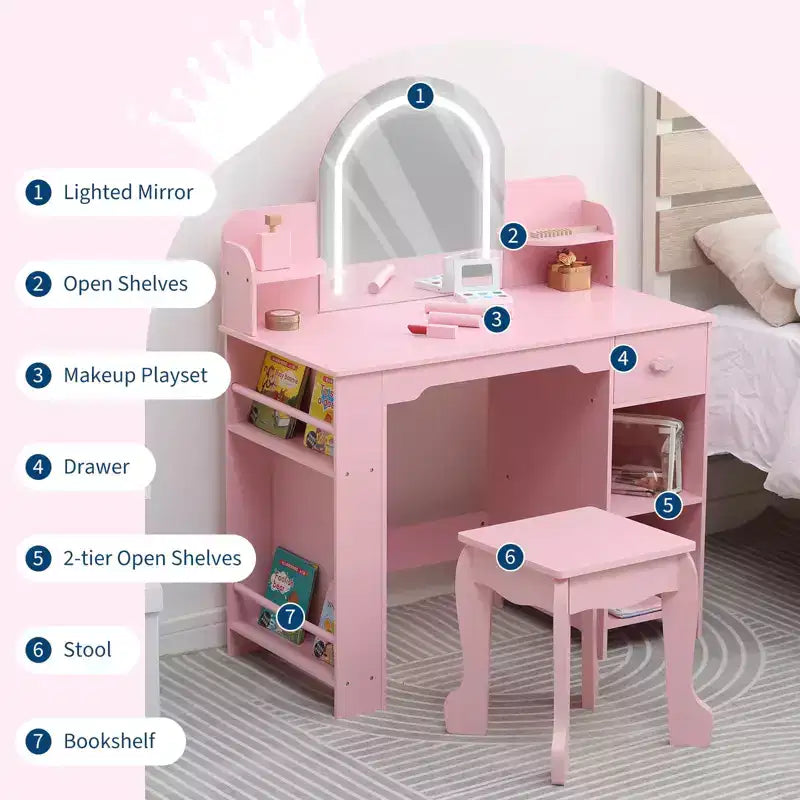 Tocador de maquillaje para niñas con espejo iluminado y taburete, tocador para niñas pequeñas con estantería, cajón de almacenamiento