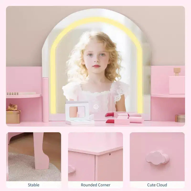 Tocador de maquillaje para niñas con espejo iluminado y taburete, tocador para niñas pequeñas con estantería, cajón de almacenamiento