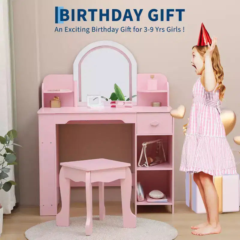 Tocador de maquillaje para niñas con espejo iluminado y taburete, tocador para niñas pequeñas con estantería, cajón de almacenamiento