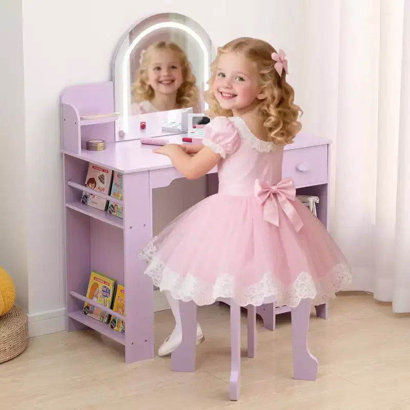 Tocador de maquillaje para niñas con espejo iluminado y taburete, tocador para niñas pequeñas con estantería, cajón de almacenamiento