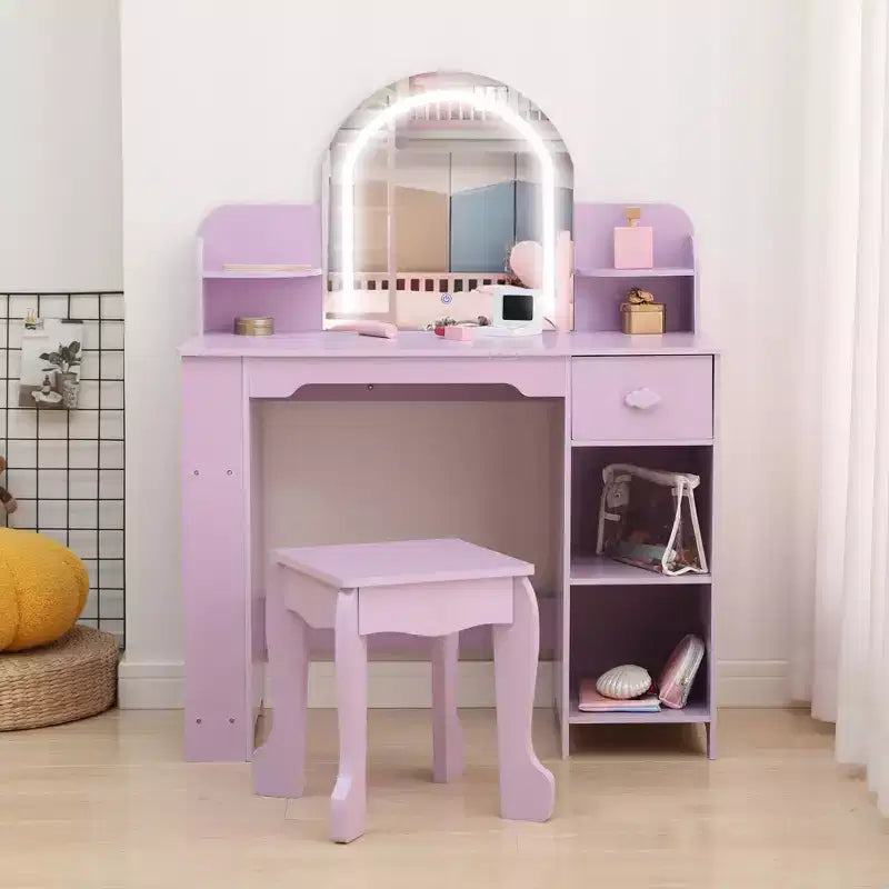 Tocador de maquillaje para niñas con espejo iluminado y taburete, tocador para niñas pequeñas con estantería, cajón de almacenamiento
