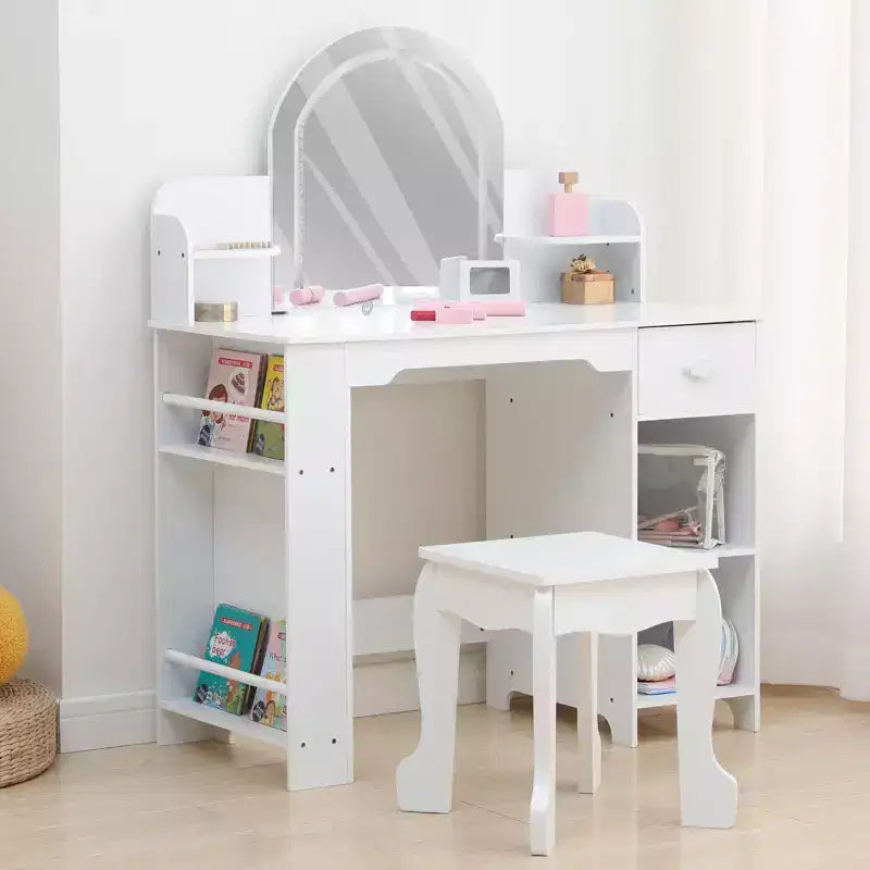 Tocador de maquillaje para niñas con espejo iluminado y taburete, tocador para niñas pequeñas con estantería, cajón de almacenamiento
