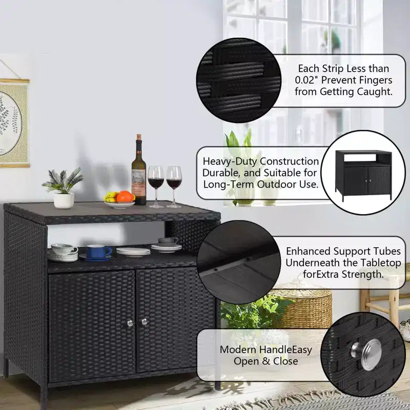Mueble de Almacenamiento Exterior con Puertas - Baúl de Almacenamiento y Mesa de Bar de Ratán Resistente a la Intemperie