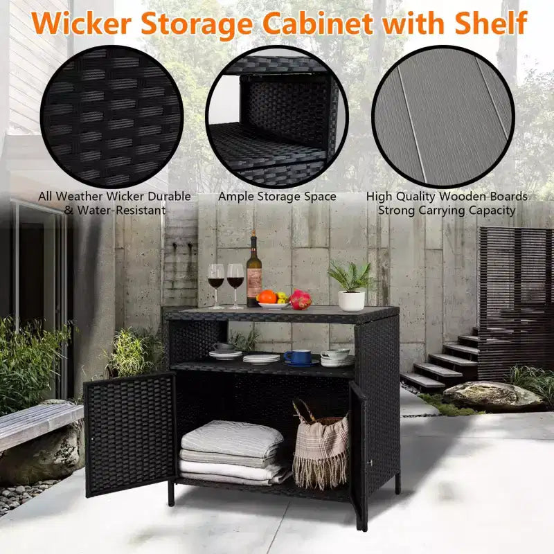 Mueble de Almacenamiento Exterior con Puertas - Baúl de Almacenamiento y Mesa de Bar de Ratán Resistente a la Intemperie