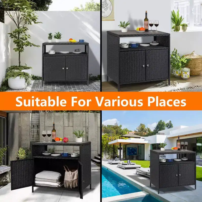 Mueble de Almacenamiento Exterior con Puertas - Baúl de Almacenamiento y Mesa de Bar de Ratán Resistente a la Intemperie
