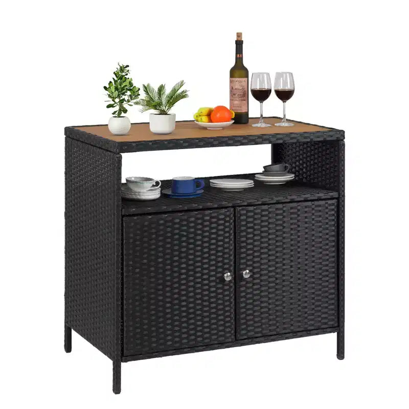 Mueble de Almacenamiento Exterior con Puertas - Baúl de Almacenamiento y Mesa de Bar de Ratán Resistente a la Intemperie