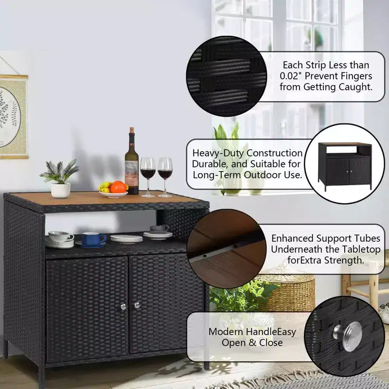 Mueble de Almacenamiento Exterior con Puertas - Baúl de Almacenamiento y Mesa de Bar de Ratán Resistente a la Intemperie