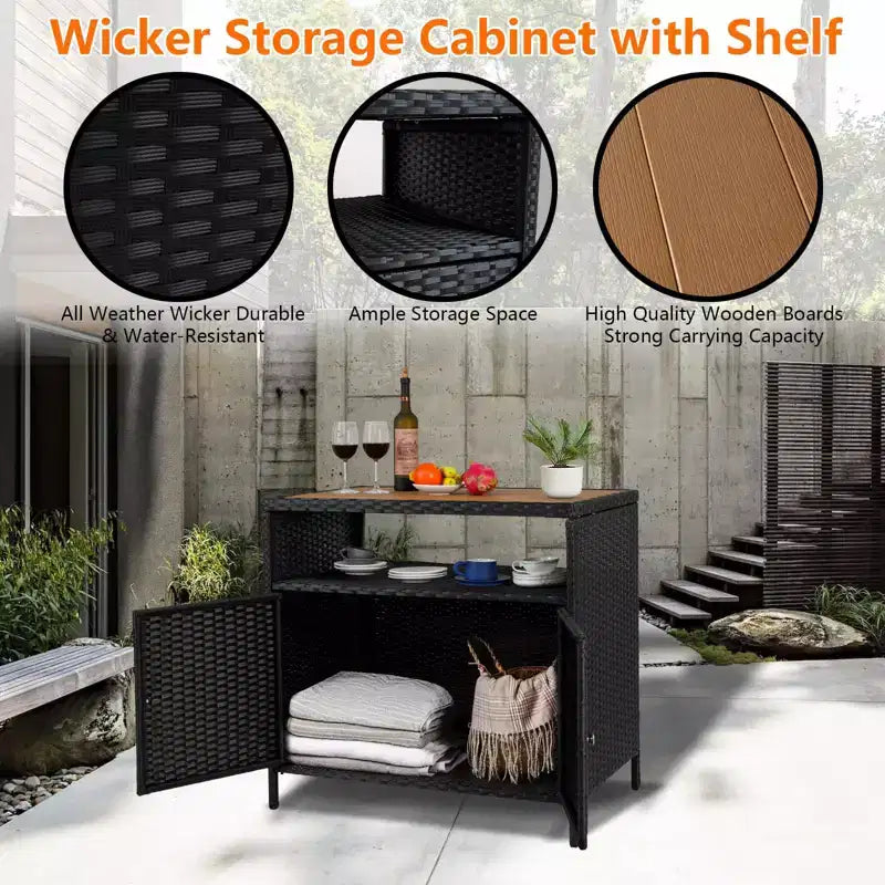 Mueble de Almacenamiento Exterior con Puertas - Baúl de Almacenamiento y Mesa de Bar de Ratán Resistente a la Intemperie