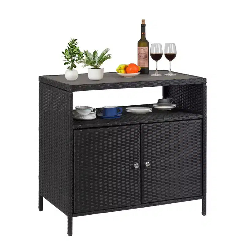Mueble de Almacenamiento Exterior con Puertas - Baúl de Almacenamiento y Mesa de Bar de Ratán Resistente a la Intemperie
